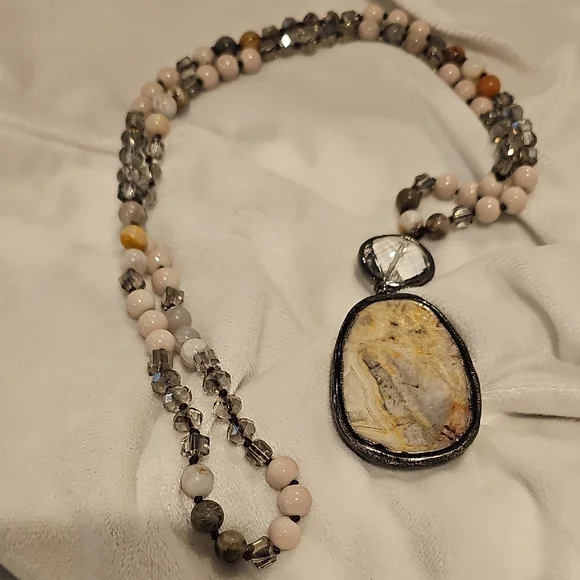 Natural Stone Necklace with Cream and Brown Accents Hand Crafted - Picture 4 of 6